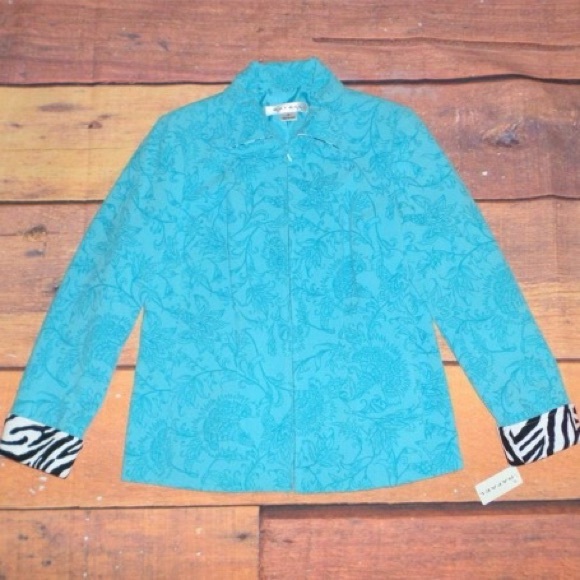 Rafael Turquoise Floral Zebra Zip Jacket, Size 8 - Picture 3 of 12